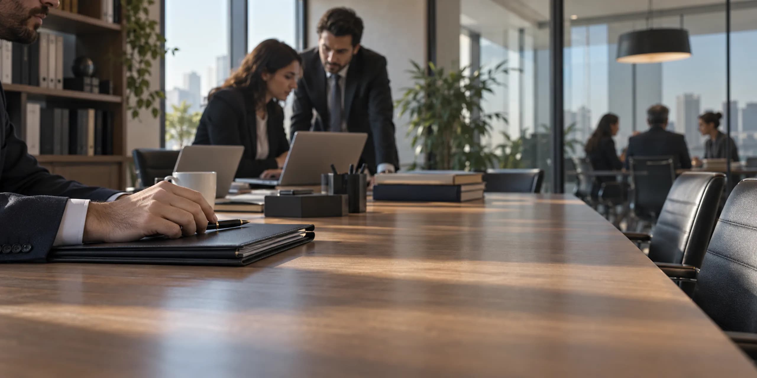 Hukuk bürosu ekibi dosya toplantısında Büronun toplantı odasında kıdemli bir avukat, genç bir avukat ve asistan tek ekrana bakarak bir dosyayı birlikte değerlendiriyor